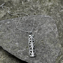 Load image into Gallery viewer, Skinny filigree bar necklace dainty floral casserole sterling ball chain vintage antique recycled restyled Canadian handmade wearable art

