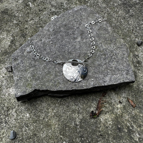 Circle pendant necklace toggle front sterling chain bread plate 
vintage antique recycled restyled Canadian handmade wearable art