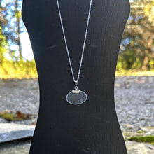 Load image into Gallery viewer, Small glass oval side pendant necklace dainty sterling chain 1700s floral etched glass plate vintage antique recycled restyled Canadian handmade wearable art
