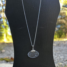 Load image into Gallery viewer, Small glass oval side pendant necklace dainty sterling chain 1700s floral etched glass plate vintage antique recycled restyled Canadian handmade wearable art
