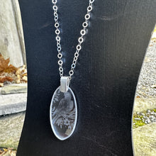 Load image into Gallery viewer, Etched glass oval pendant necklace adjustable sterling chain 1700s bird design etched glass plate vintage antique recycled restyled Canadian handmade wearable art
