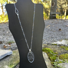 Load image into Gallery viewer, Etched glass oval pendant necklace adjustable sterling chain 1700s bird design etched glass plate vintage antique recycled restyled Canadian handmade wearable art
