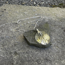 Load image into Gallery viewer, Large glass circle pendant necklace adjustable sterling chain 1800s silver glass overlay vintage antique recycled restyled Canadian handmade wearable art
