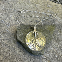 Load image into Gallery viewer, Large glass circle pendant necklace adjustable sterling chain 1800s silver glass overlay vintage antique recycled restyled Canadian handmade wearable art
