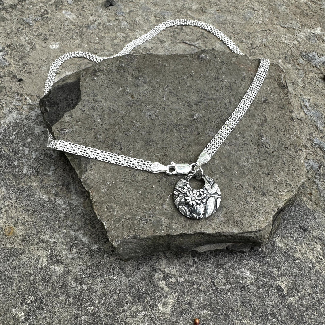Circle pendant necklace with smaller circle cutout choker style sterling chain floral print Victorian bridal basket vintage antique recycled restyled Canadian handmade wearable art