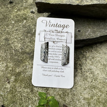 Load image into Gallery viewer, Angled bar earrings short sterling fish hook wire vintage pot lid recycled restyled antique to new artisan jewellery Canadian made

