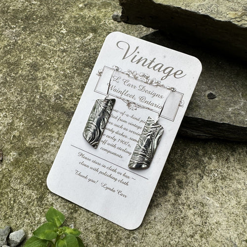Angled bar earrings short sterling fish hook wire vintage pot lid recycled restyled antique to new artisan jewellery Canadian made