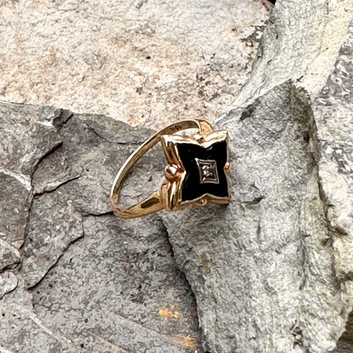Vintage Black Onyx & Diamond Ring   ~ Circa late1920's ~ 10K Gold  Size 8.5 Beautiful polished condition