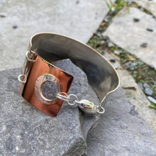 Load image into Gallery viewer, Two section cuff bracelet silver and copper sterling magnet recycled restyled vintage serving tray Ontario hydro wire handmade artisan jewellery
