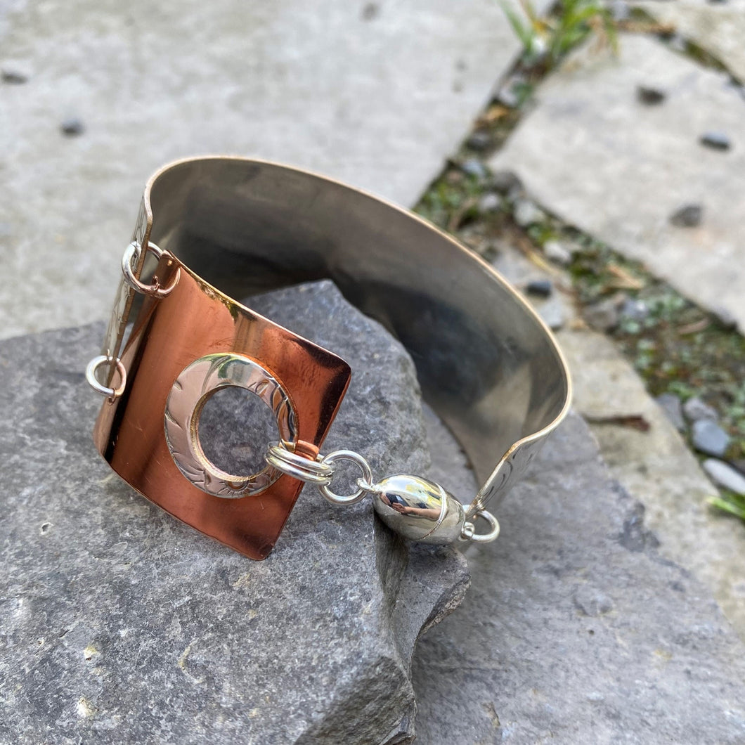 Two section cuff bracelet silver and copper sterling magnet recycled restyled vintage serving tray Ontario hydro wire handmade artisan jewellery