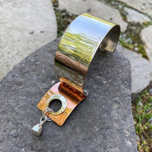 Load image into Gallery viewer, Two section cuff bracelet silver and copper sterling magnet recycled restyled vintage serving tray Ontario hydro wire handmade artisan jewellery
