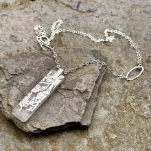 Load image into Gallery viewer, Long adjustable necklace rectangle pendant silver glass overlay sterling chain recycled restyled reloved artisan handmade Canadian jewellery
