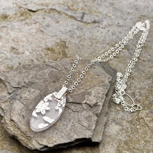 Load image into Gallery viewer, Long adjustable necklace oval pendant silver glass overlay sterling chain recycled restyled reloved artisan handmade Canadian jewellery
