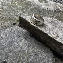 Load image into Gallery viewer, Skinny wrap ring vintage silver pot lid recycled restyled wearable art handmade artisan jewellery
