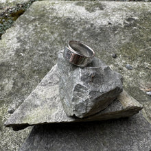 Load image into Gallery viewer, Skinny wrap ring vintage silver pot lid recycled restyled wearable art handmade artisan jewellery
