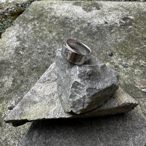 Skinny wrap ring vintage silver pot lid recycled restyled wearable art handmade artisan jewellery