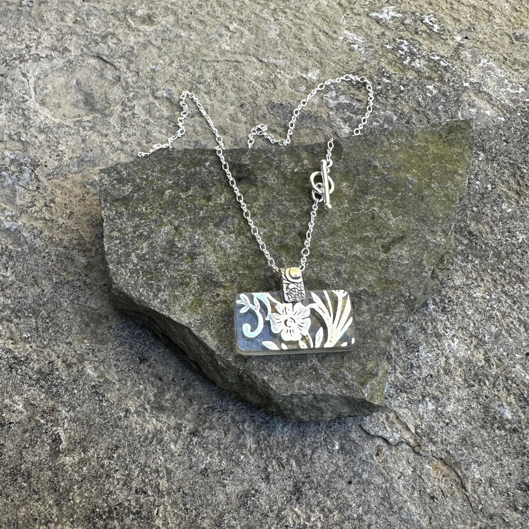 Small glass rectangle side pendant necklace dainty sterling chain 1800s floral silver glass overlay  vintage antique recycled restyled Canadian handmade wearable art