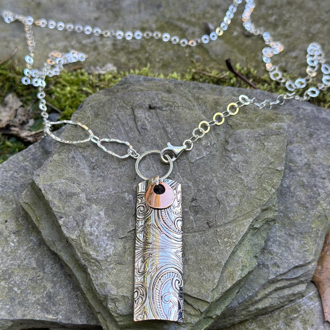 Rectangle pendant necklace layered copper circle adjustable sterling silver chain Sun collection recycled vintage serving tray Ontario hydro wire copper Canadian handmade artisan jewellery