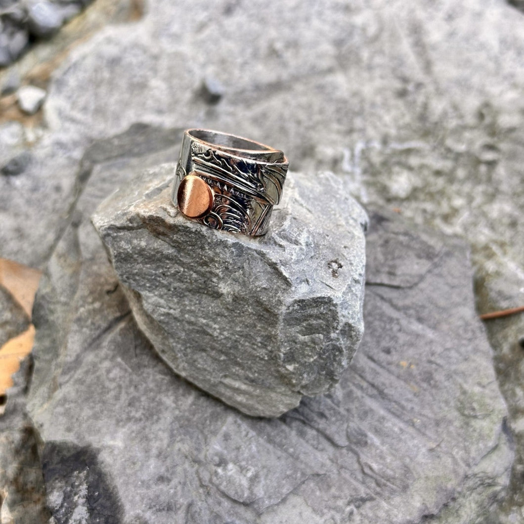 Layered wrap ring vintage silver bread plate hydro wire copper dot accent recycled restyled wearable art handmade artisan jewellery