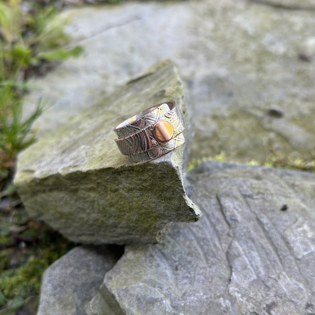 Layered wrap ring vintage silver bread plate hydro wire copper dot accent recycled restyled wearable art handmade artisan jewellery