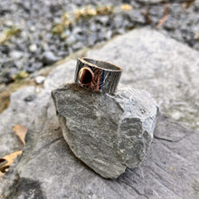 Load image into Gallery viewer, Layered wrap ring vintage silver bread plate hydro wire copper dot accent recycled restyled wearable art handmade artisan jewellery
