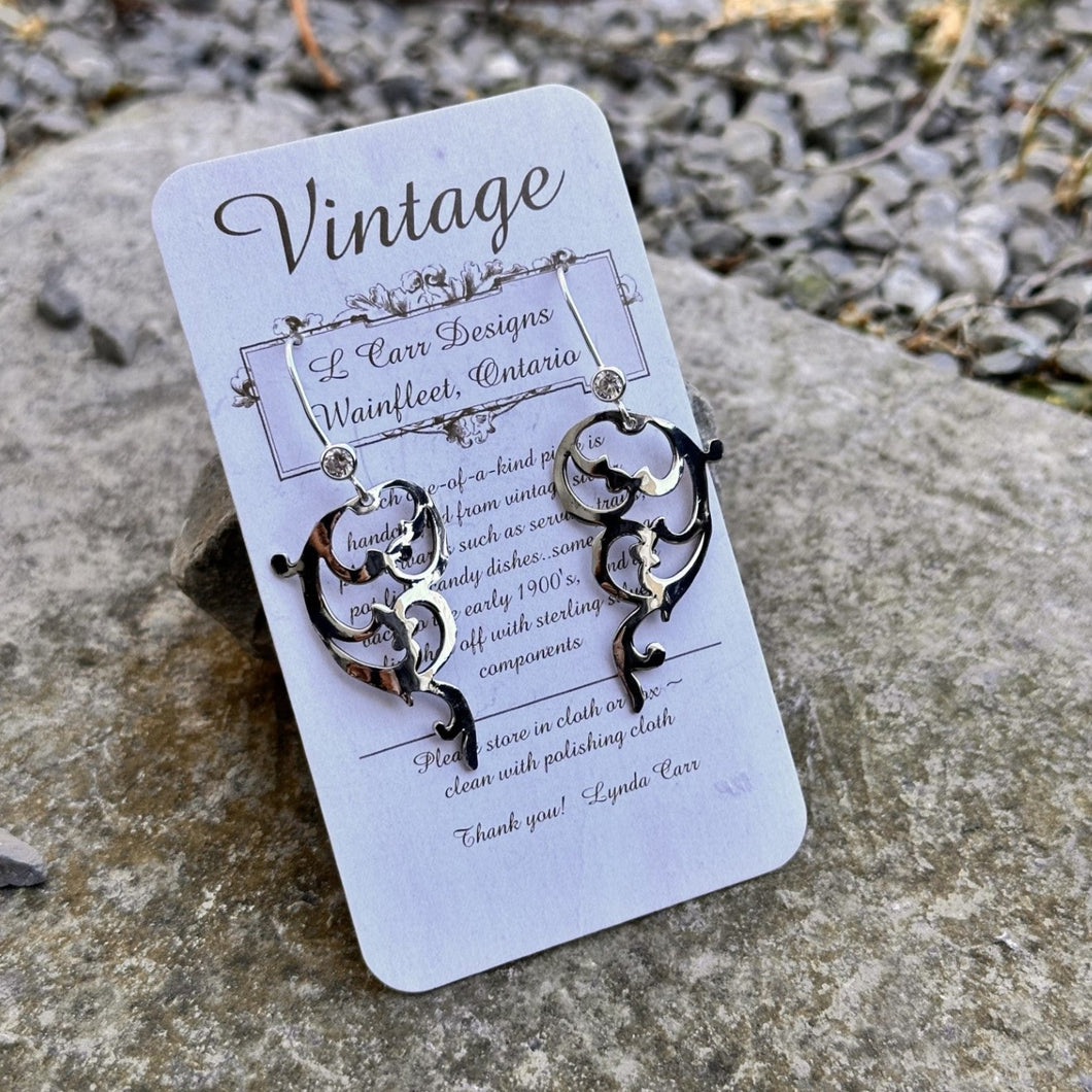 Sterling silver filigree earrings short crystal wires vintage candy dish recycled restyled reloved artisan made jewellery