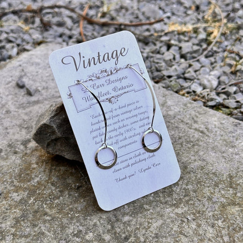 Small open circle earrings long wire sterling silver serving bowl recycled restyled vintage handmade Canadian jewellery