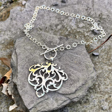 Load image into Gallery viewer, Sterling silver filigree necklace statement toggle front chain vintage candy dish restyled artisan jewellery
