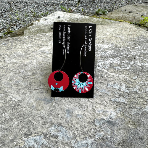1960s/70s cookie tin circle earrings long wires vintage retro handmade artisan recycled Canadian jewellery