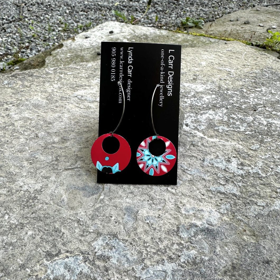 1960s/70s cookie tin circle earrings long wires vintage retro handmade artisan recycled Canadian jewellery