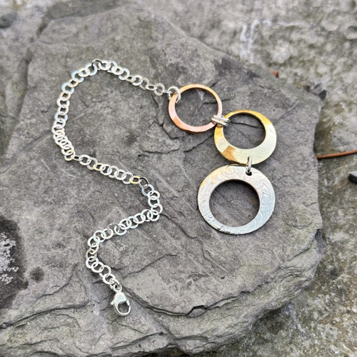 Three open circle bracelet pull through wrap medium circle sterling silver chain adjustable mixed metals recycled restyled vintage old new 