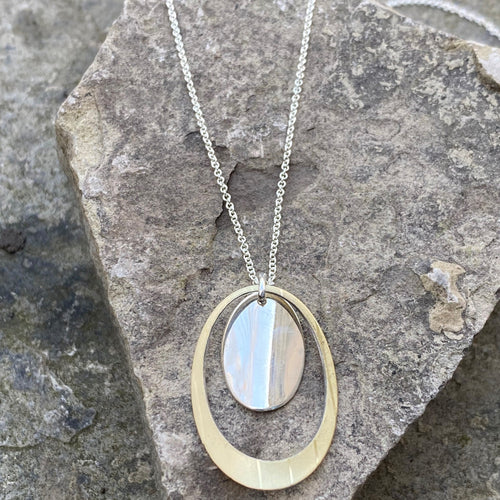 Cutout brass oval necklace solid silver oval centre dangle sterling silver chain recycled drum cymbal vintage silver plate wearable handmade art