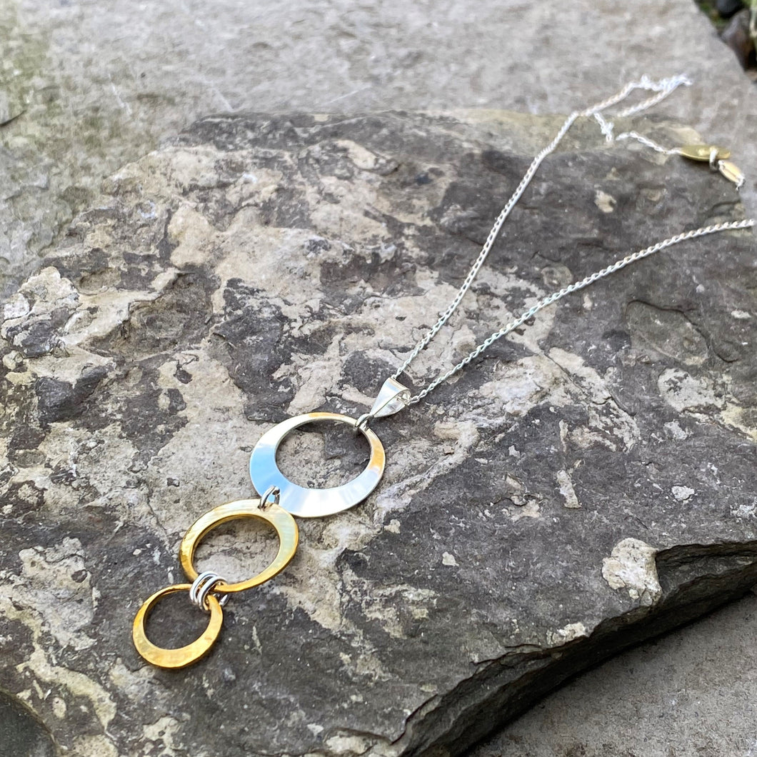Silver brass three circle down pendant necklace sterling chain recycled bread plate drum cymbal restyled wearable handmade art