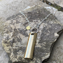 Load image into Gallery viewer, High shine plain rectangle pendant necklace toggle front sterling silver chain recycled drum cymbal restyled handmade artisan jewellery
