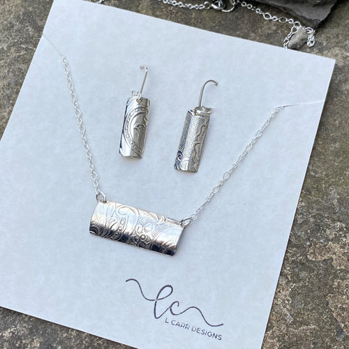 Dainty rectangle necklace earring set sterling silver everyday accessory plated vintage trivet recycled