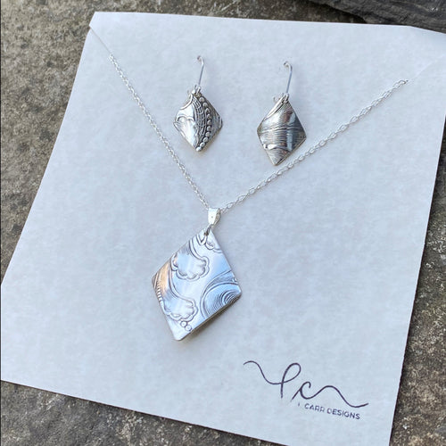 Dainty diamond shape necklace earring set sterling silver vintage serving bowl recycled restyled accessories every day gifts jewellery