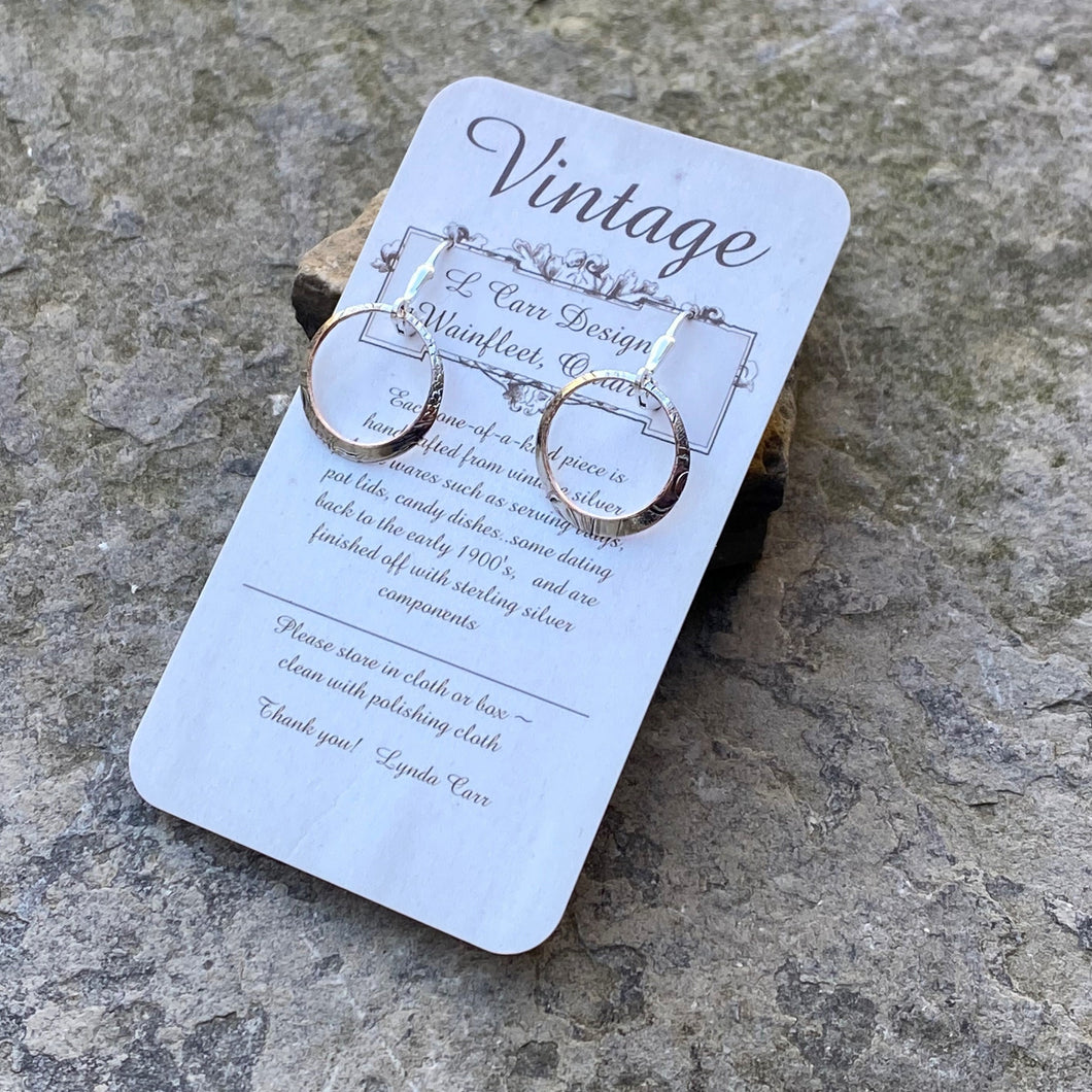 Circle earrings centre cutout sterling leverback wires recycled vintage bread plate restyled dainty everyday wearable art