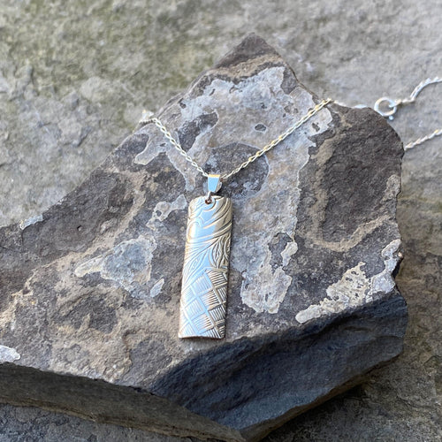 Vertical bar necklace dainty sterling silver chain vintage trivet restyled everyday wearable art