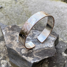 Load image into Gallery viewer, Skinny silver cuff bracelet copper dot accent vintage recycled serving tray Ontario hydro wire restyled artisan jewellery
