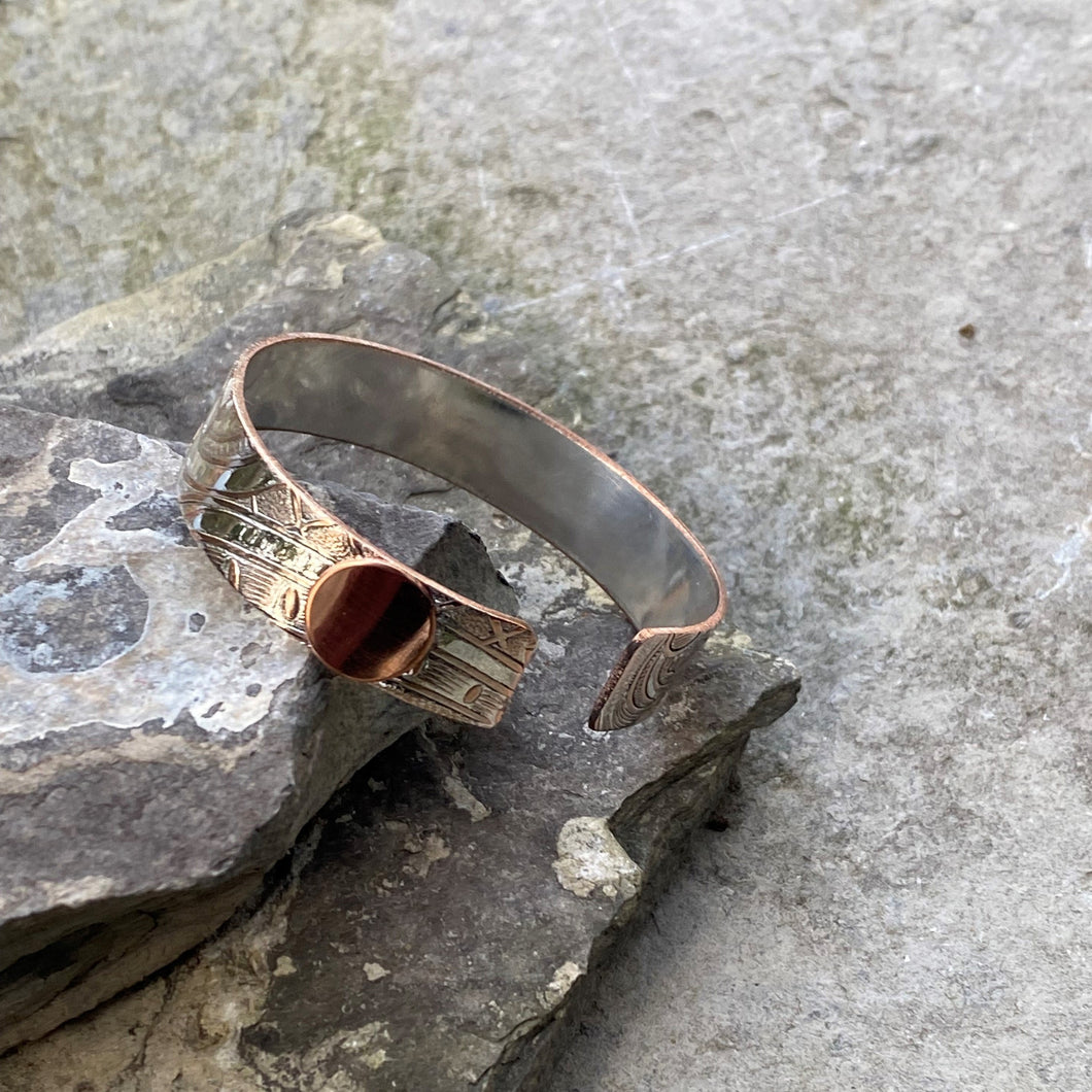 Skinny silver cuff bracelet copper dot accent vintage recycled serving tray Ontario hydro wire restyled artisan jewellery