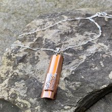 Load image into Gallery viewer, High-shine plain copper pendant layered vintage silver accent piece on an 18&quot; sterling silver chain recycled restyled reloved restored handmade artisan jewellery

