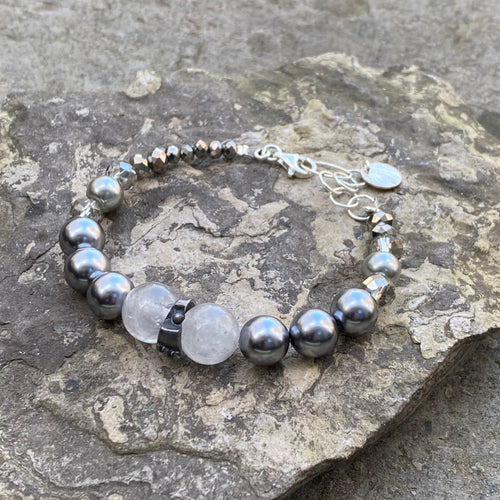 Grey natural stone and crystal bracelet teapot spout spacer adjustable recycled restyled vintage handmade artisan jewellery
