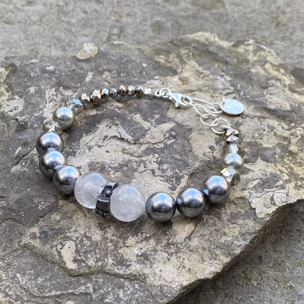 Grey natural stone and crystal bracelet teapot spout spacer adjustable recycled restyled vintage handmade artisan jewellery